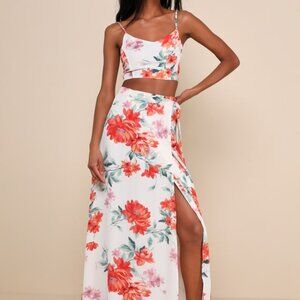 Lulu's Bloom With a View White Floral Print Two-Piece Maxi Dress NWT